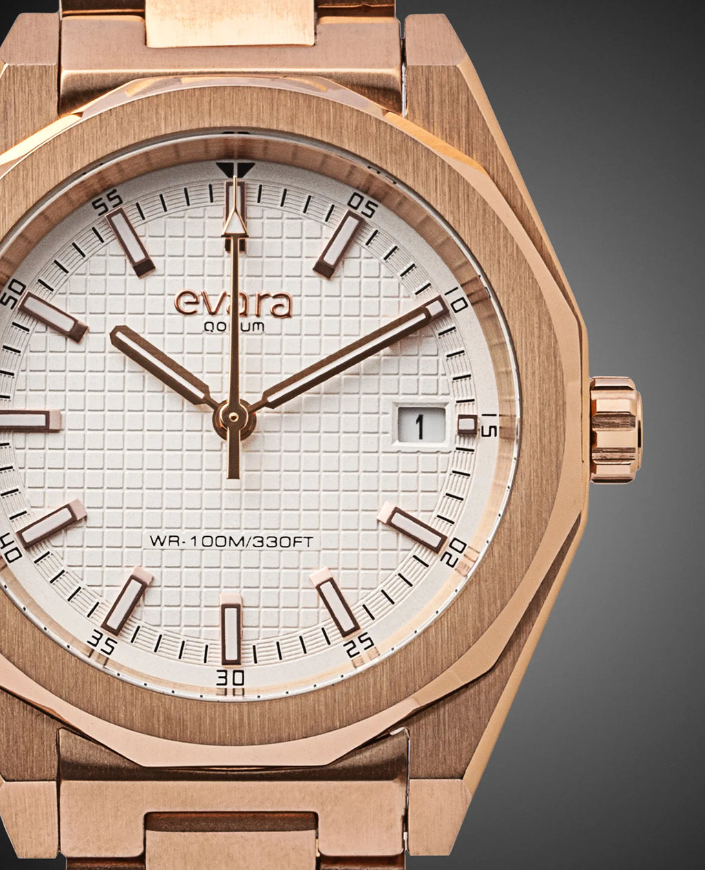 Qorum Evara Ladies Watch – White Dial, Date Display, Rose Gold Plated Stainless Steel Strap