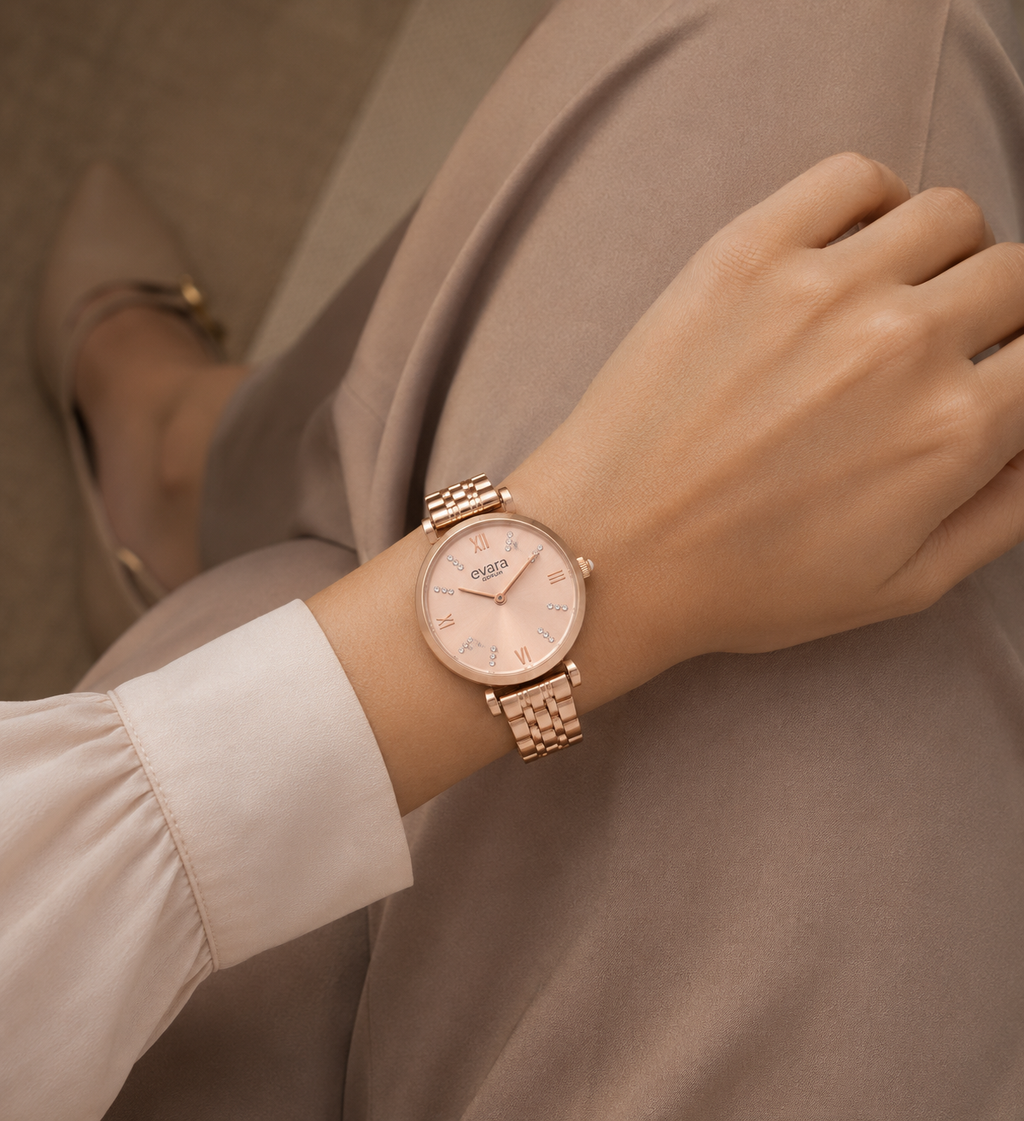 Qorum Evara Ladies Watch - Rose Gold Dial, Rose Gold plated Stainless Steel Strap