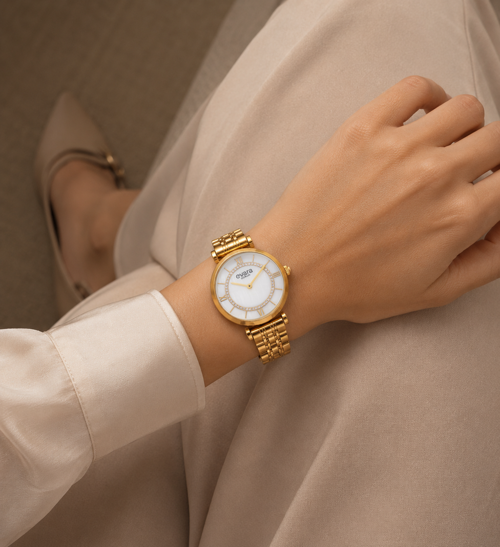 Qorum Evara Ladies Watch - Mother of Pearl Dial, Gold plated Stainless Steel Strap