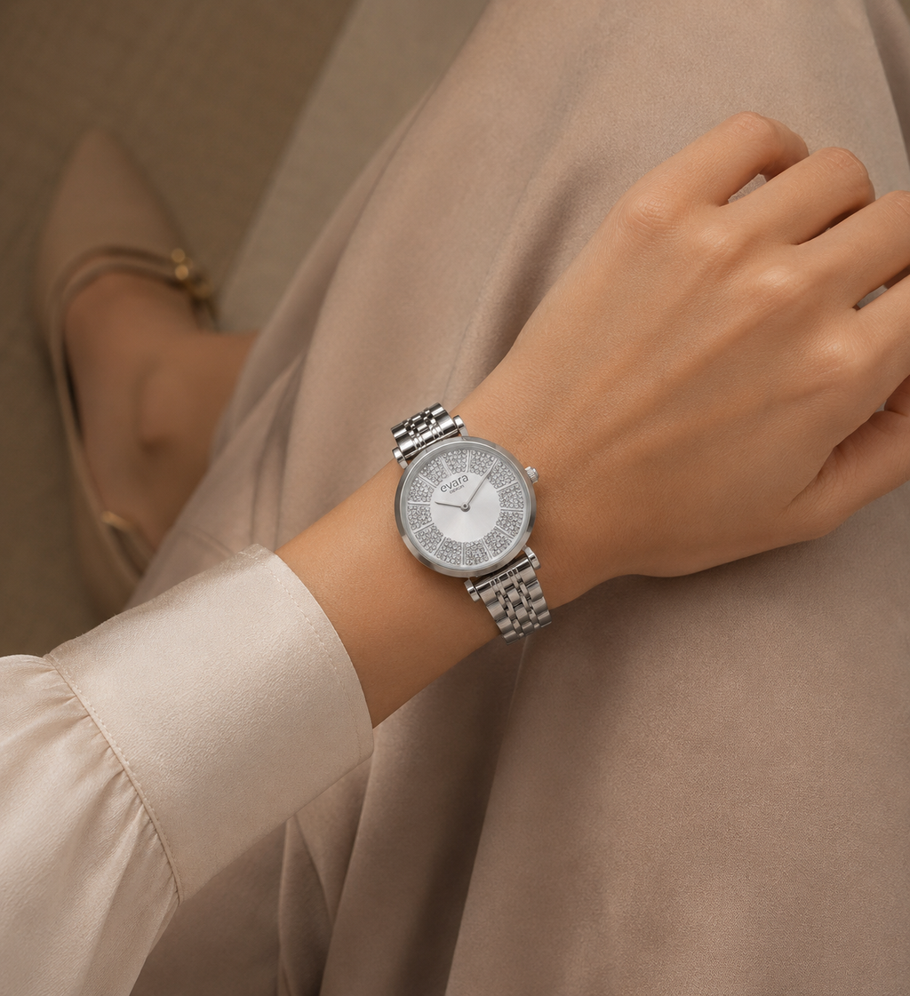 Qorum Evara Ladies Watch - Silver Studded Dial, Stainless Steel Strap