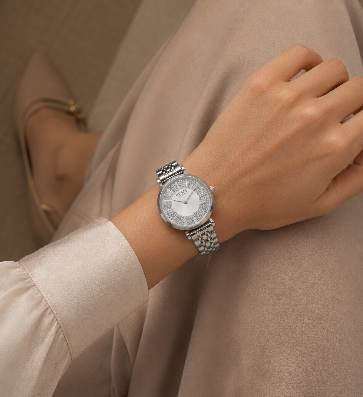 Qorum Evara Ladies Watch - Silver Studded Dial, Stainless Steel Strap