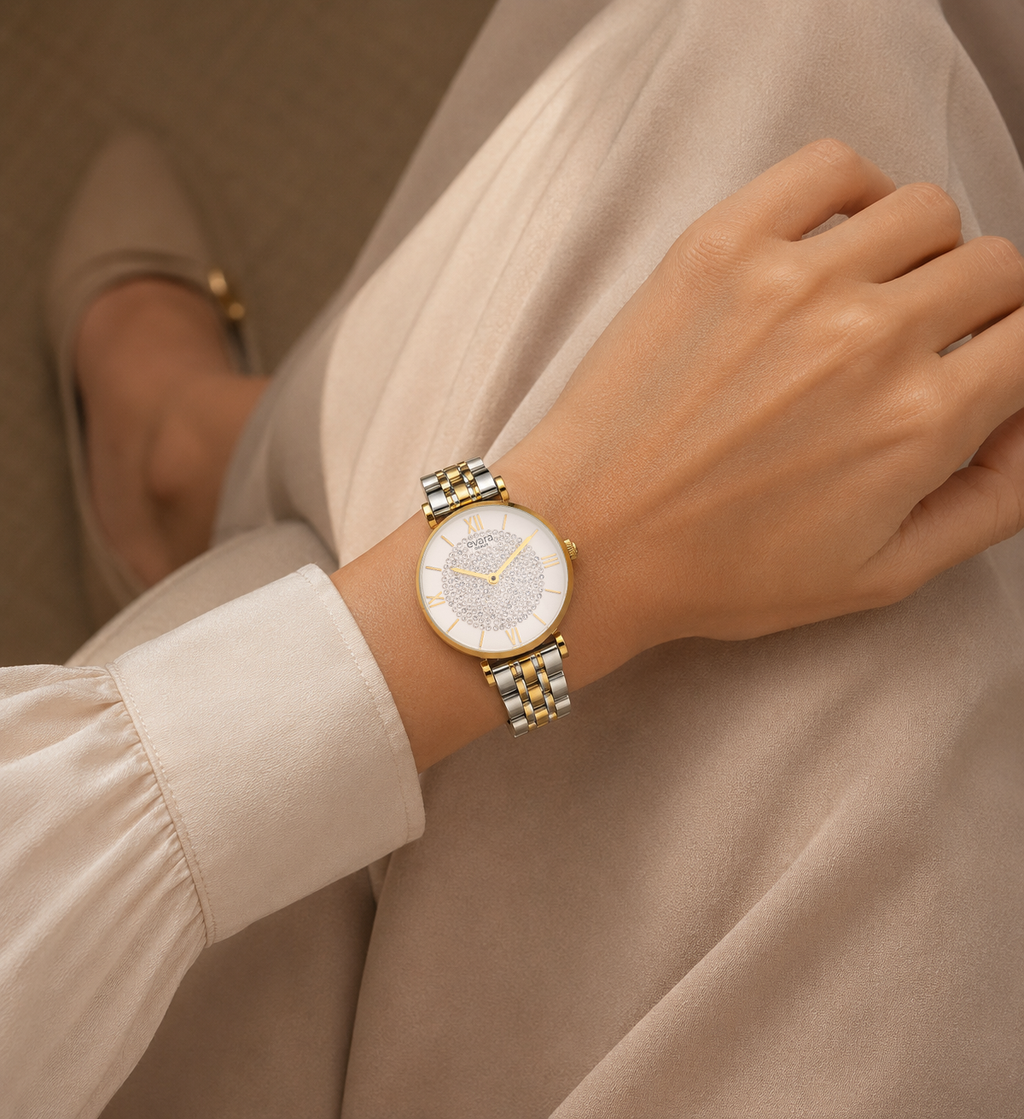 Qorum Evara Ladies Watch - Ivory White Studded Dial, Two-Tone Gold plated Stainless Steel Strap