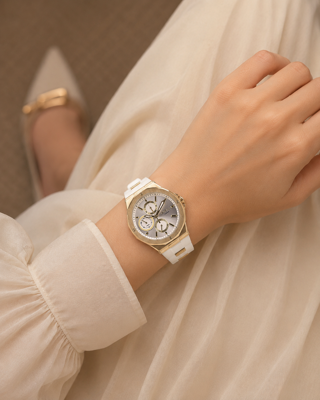 Qorum Evara Ladies Multi-function Watch - White Dial, Gold plated Stainless Steel Case, White silicon strap