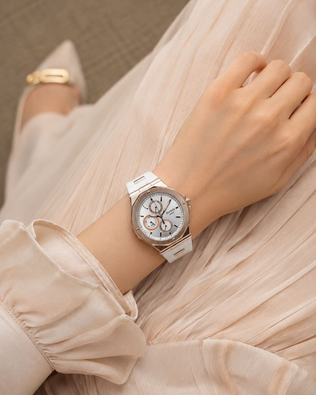 Qorum Evara Ladies Multi-function Watch - White Dial, Rose Gold plated Stainless Steel Case, White silicon strap
