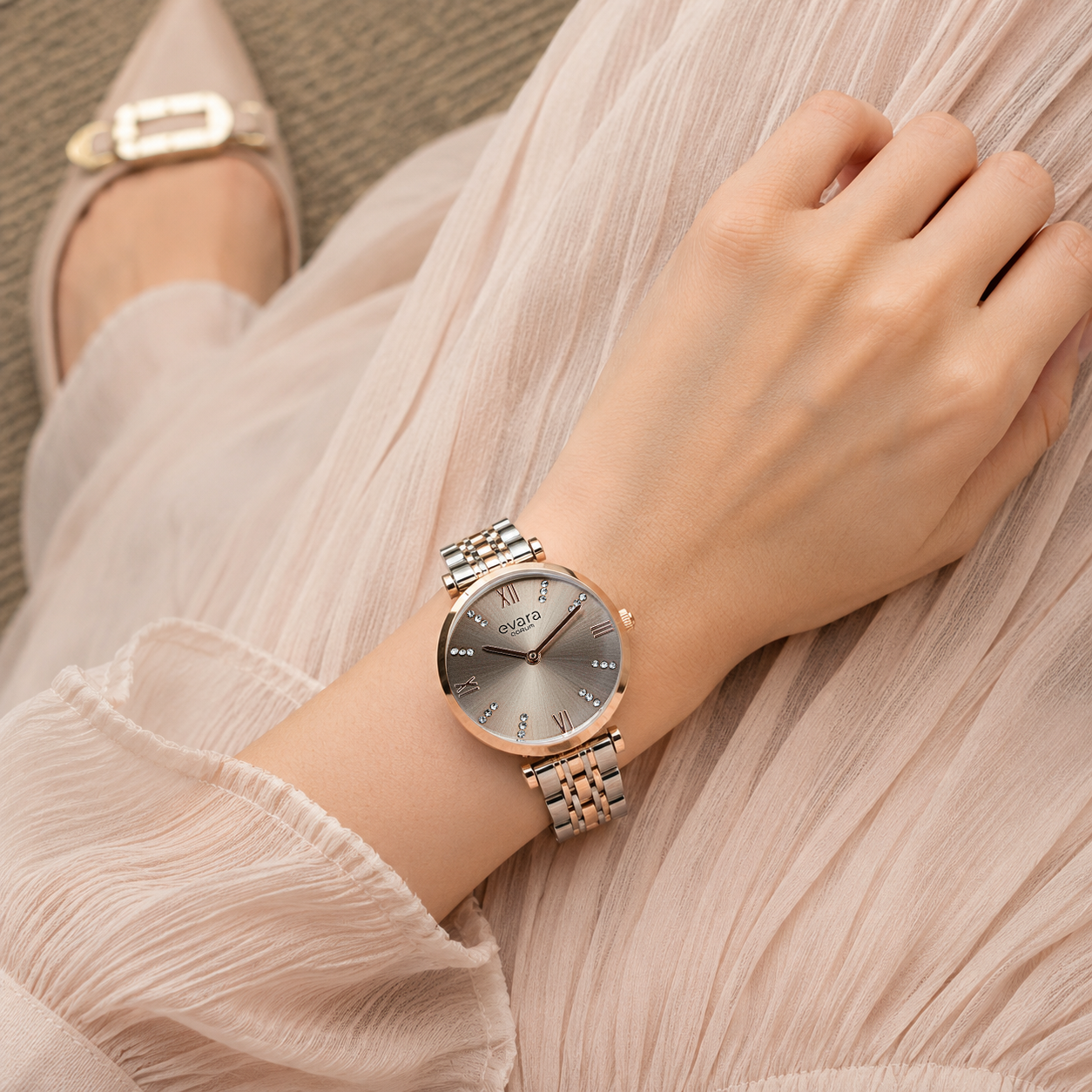 Qorum Evara Ladies Watch – Platinum Grey Dial, Two-tone Rose Gold Plated Stainless Steel Strap