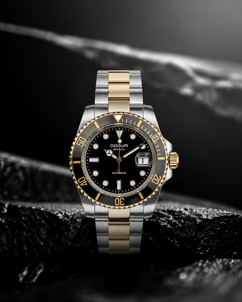 Qorum Regalia Men’s Automatic Watch - Black Dial, Date display, Two-tone Gold plated Stainless Steel Strap