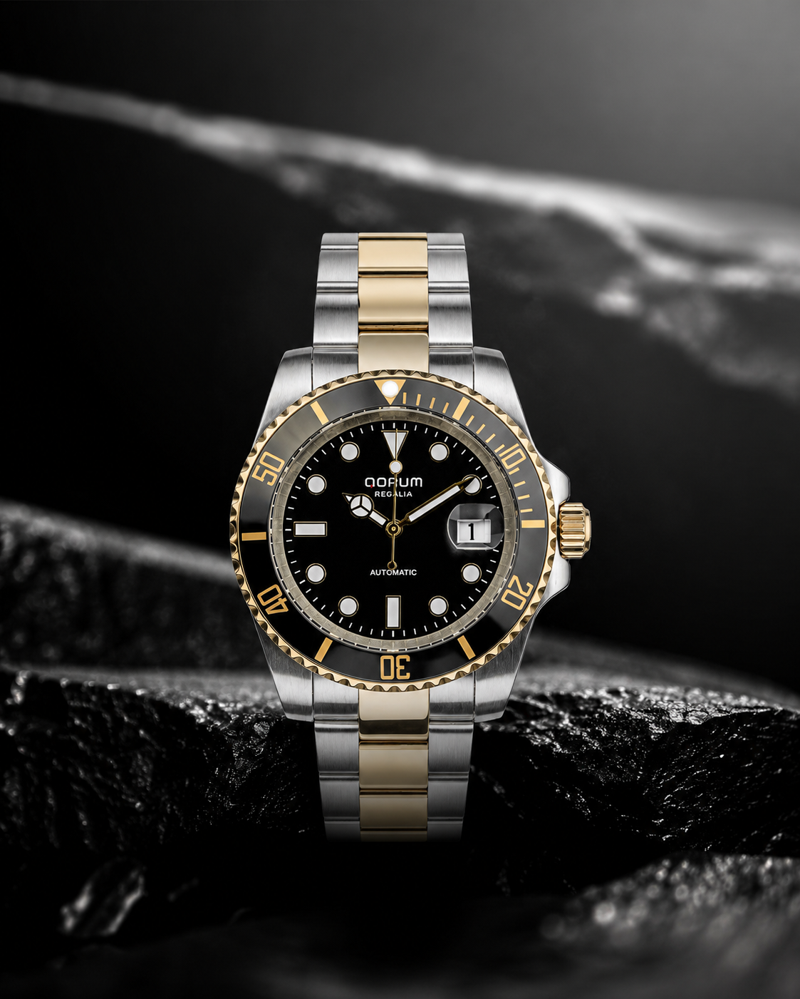 Qorum Regalia Men’s Automatic Watch - Black Dial, Date display, Two-tone Gold plated Stainless Steel Strap