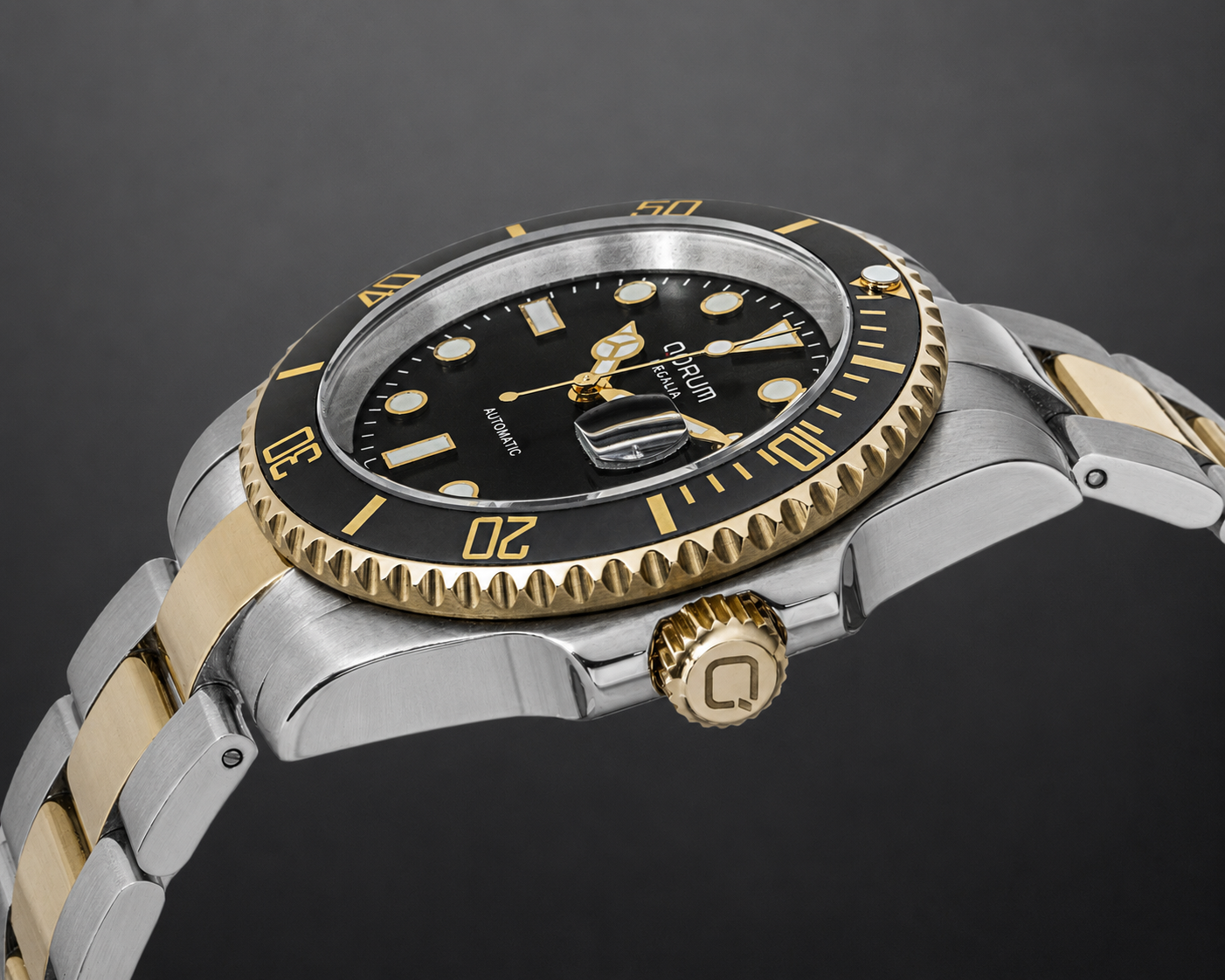Qorum Regalia Men’s Automatic Watch - Black Dial, Date display, Two-tone Gold plated Stainless Steel Strap