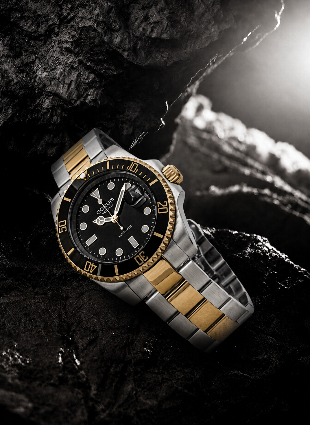 Qorum Regalia Men’s Automatic Watch - Black Dial, Date display, Two-tone Gold plated Stainless Steel Strap