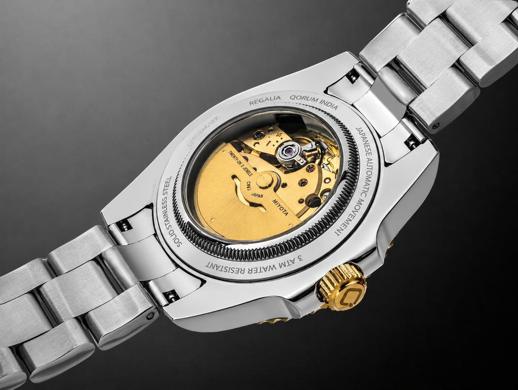 Qorum Regalia Men’s Automatic Watch - Black Dial, Date display, Two-tone Gold plated Stainless Steel Strap