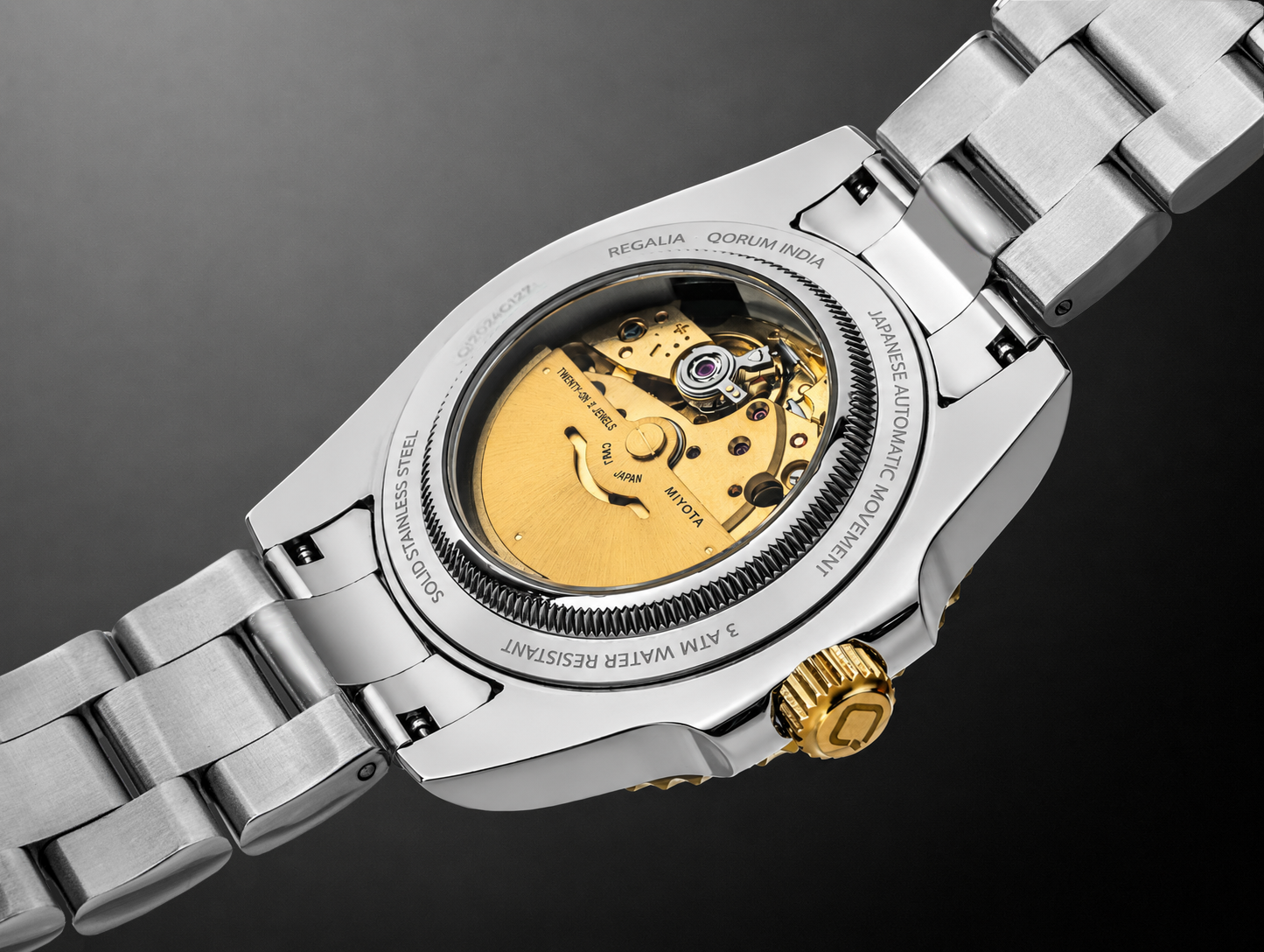Qorum Regalia Men’s Automatic Watch - Black Dial, Date display, Two-tone Gold plated Stainless Steel Strap