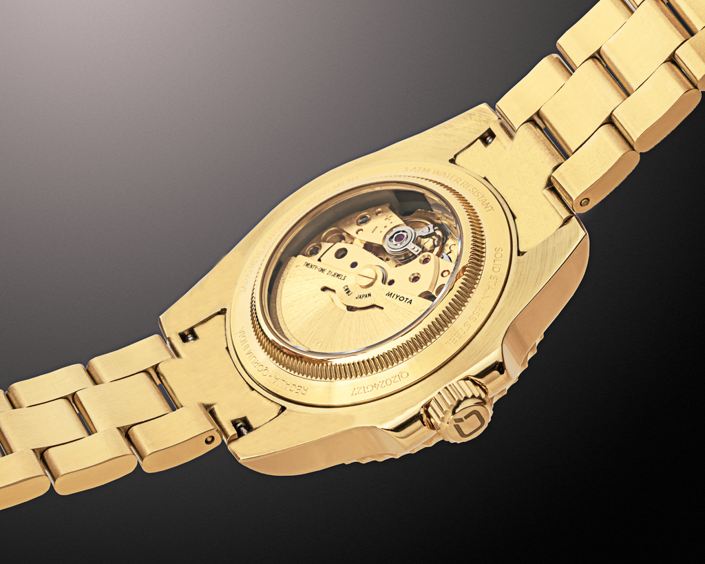 Qorum Regalia Men’s Automatic Watch - Black Dial, Date Display, Gold plated Stainless Steel Strap