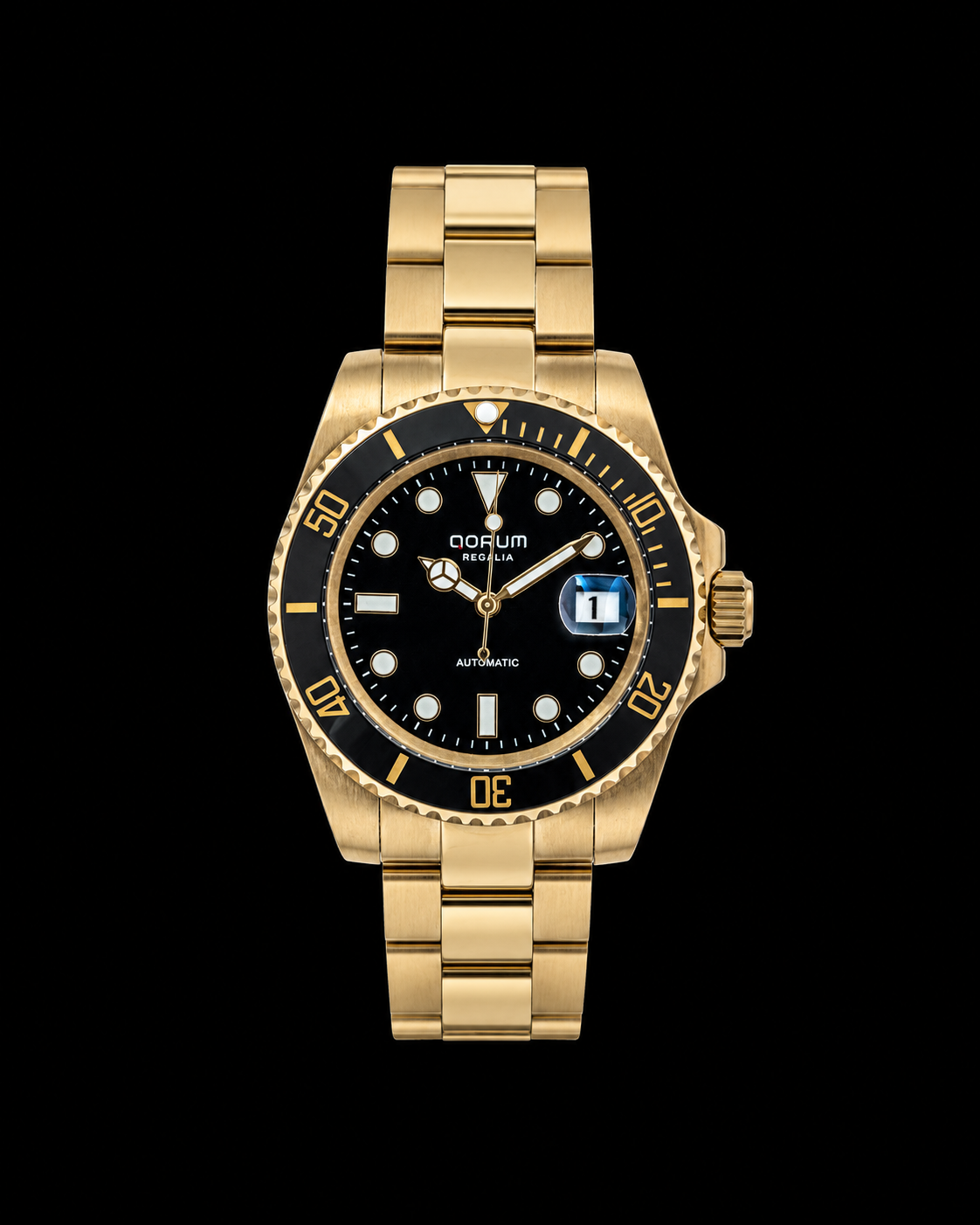 Qorum Regalia Men’s Automatic Watch - Black Dial, Date Display, Gold plated Stainless Steel Strap