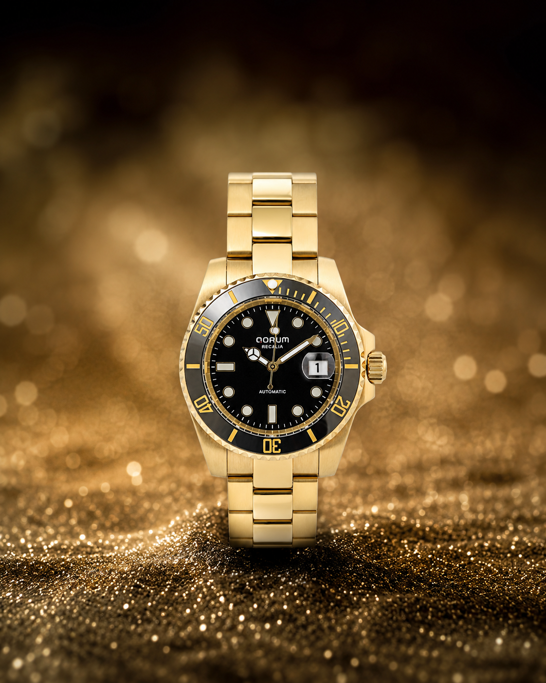 Qorum Regalia Men’s Automatic Watch - Black Dial, Date Display, Gold plated Stainless Steel Strap
