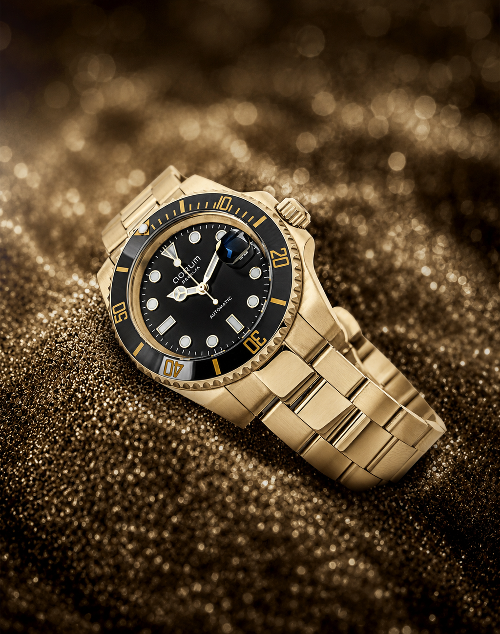 Qorum Regalia Men’s Automatic Watch - Black Dial, Date Display, Gold plated Stainless Steel Strap