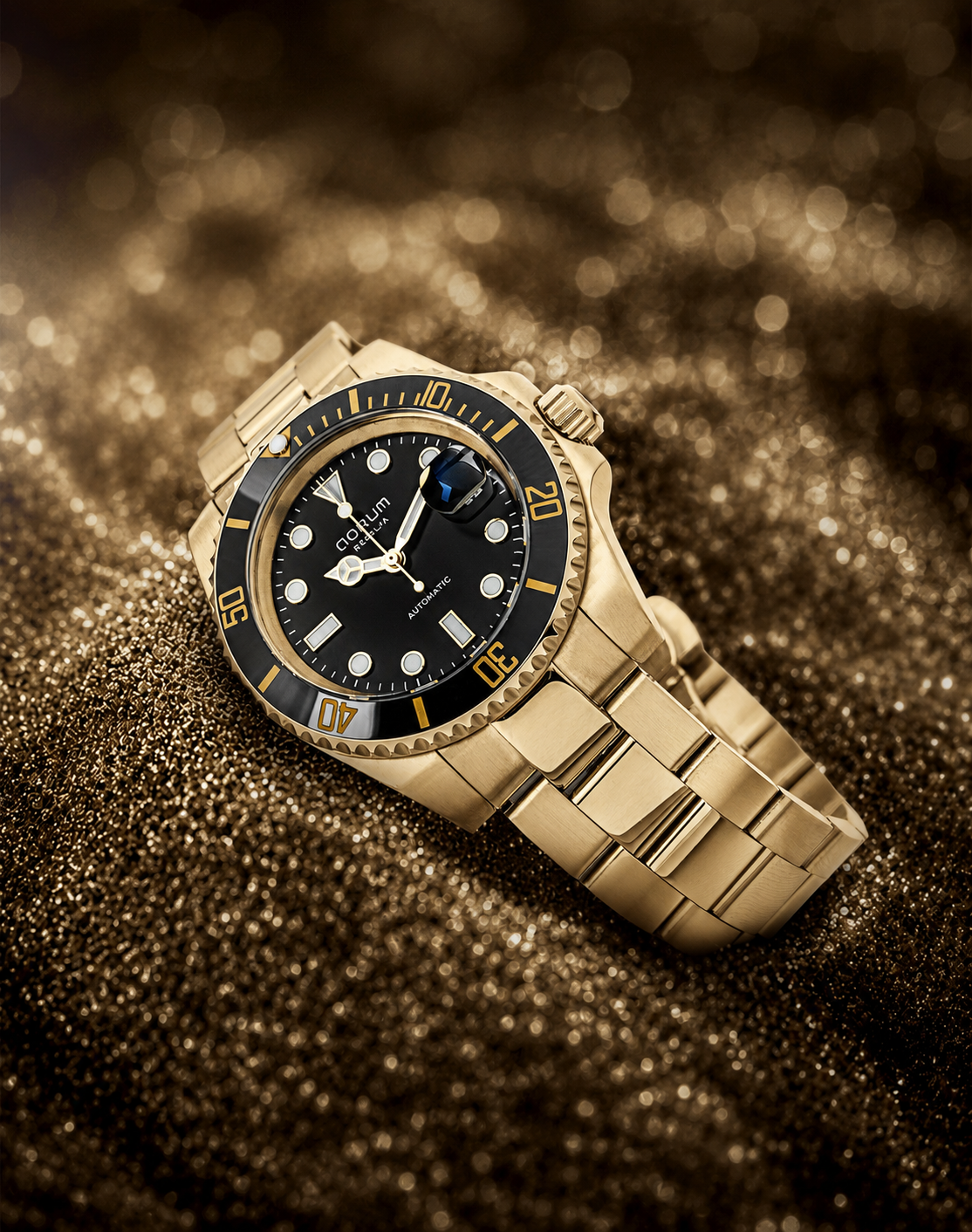 Qorum Regalia Men’s Automatic Watch - Black Dial, Date Display, Gold plated Stainless Steel Strap