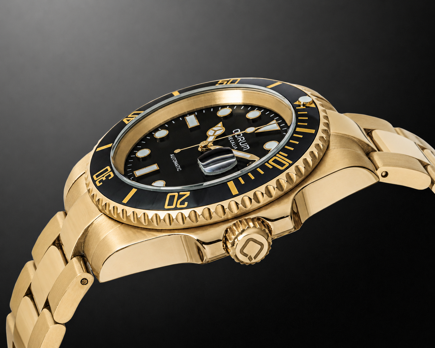 Qorum Regalia Men’s Automatic Watch - Black Dial, Date Display, Gold plated Stainless Steel Strap