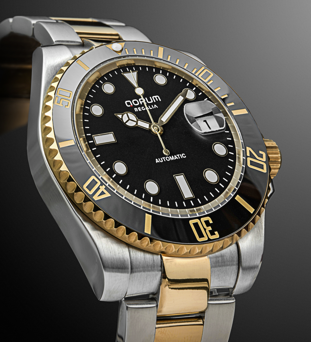 Qorum Regalia Men’s Automatic Watch - Black Dial, Date display, Two-tone Gold plated Stainless Steel Strap