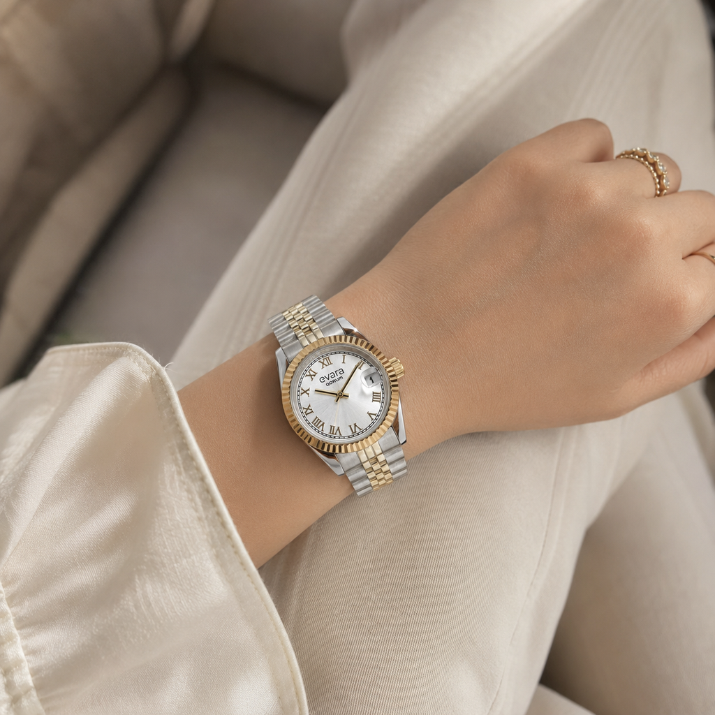 Qorum Evara - Ladies Watch: Two-Tone Gold plated Stainless Steel Case with Silver dial