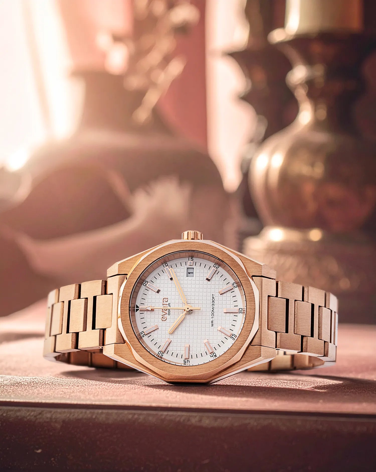 Qorum Evara Ladies Watch – White Dial, Date Display, Rose Gold Plated Stainless Steel Strap