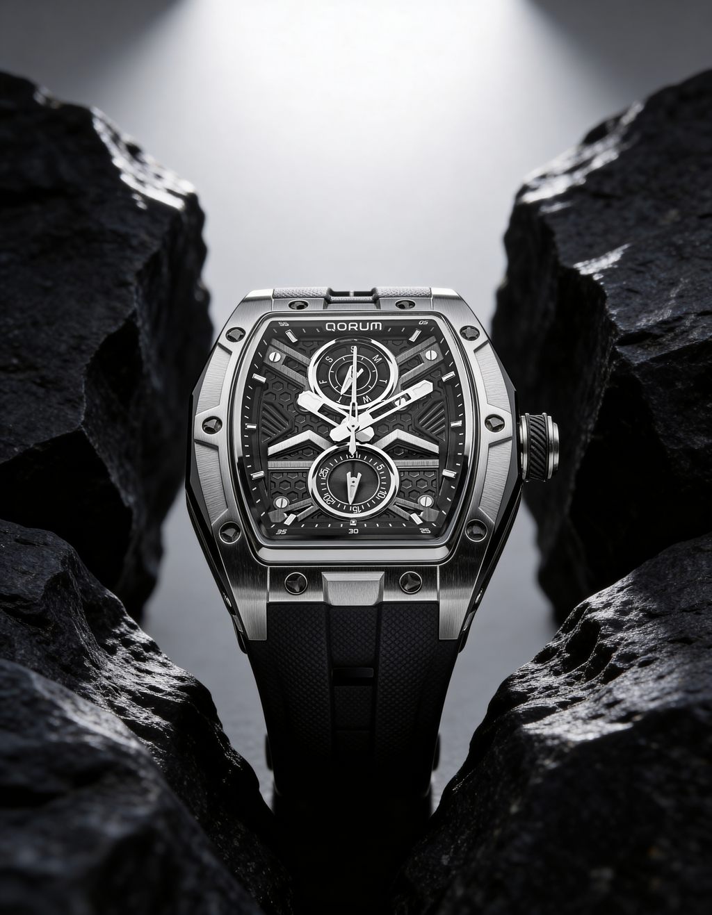Qorum Equinox Men’s Multi-Function Skeleton Watch - Black Dial, Silver Detailing, Black Silicon strap