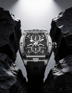 Qorum Equinox Men’s Multi-Function Skeleton Watch - Black Dial, Silver Detailing, Black Silicon strap