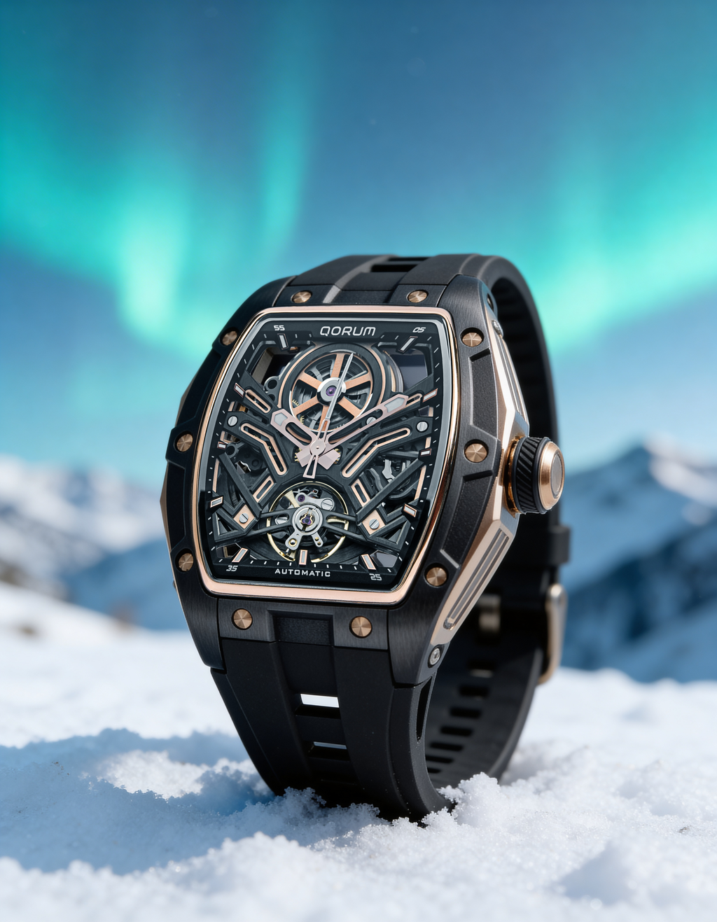 Qorum Equinox Men’s Automatic Skeleton Watch - Black Dial with Rose Gold Detailing, Black silicon strap