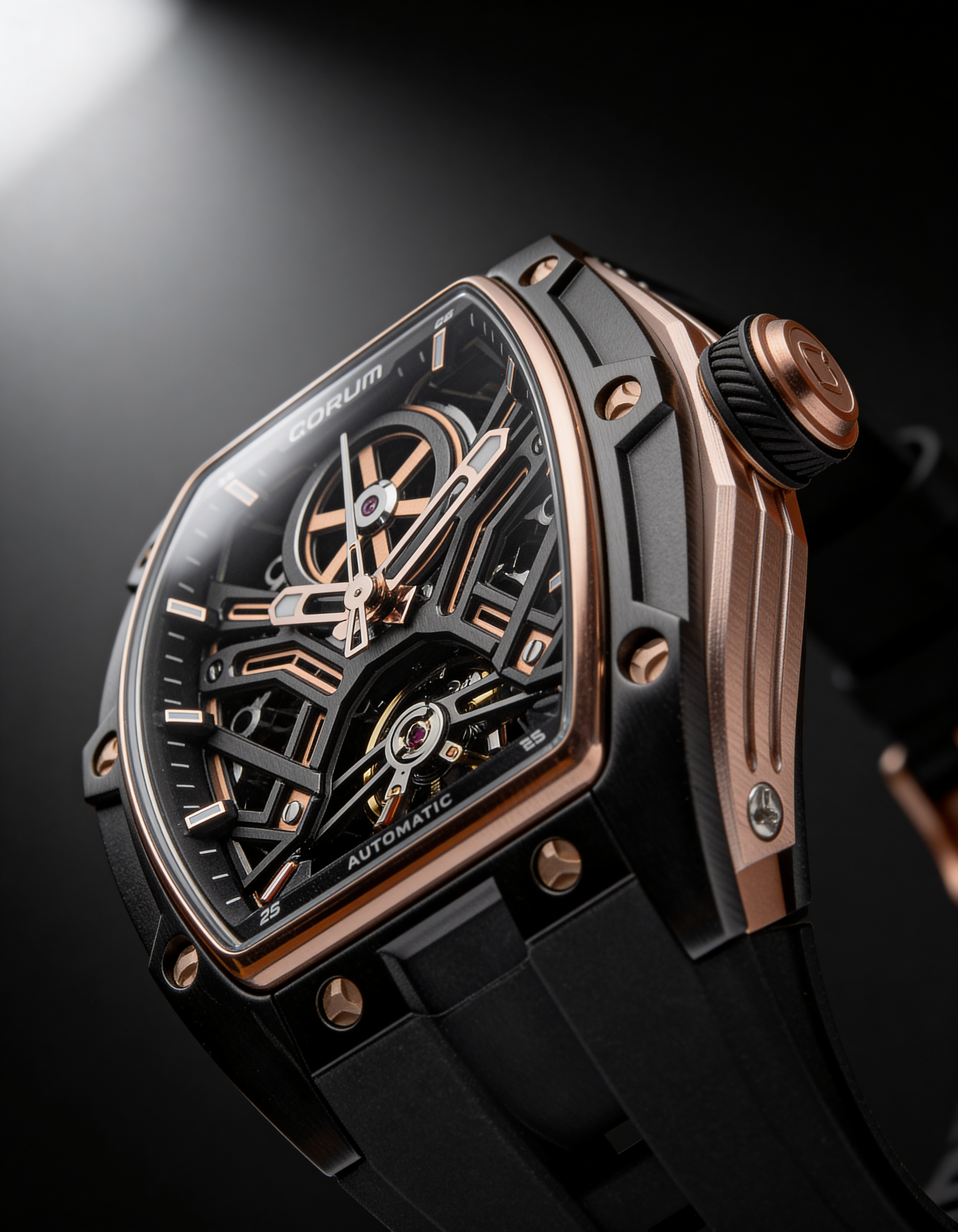 Qorum Equinox Men’s Automatic Skeleton Watch - Black Dial with Rose Gold Detailing, Black silicon strap