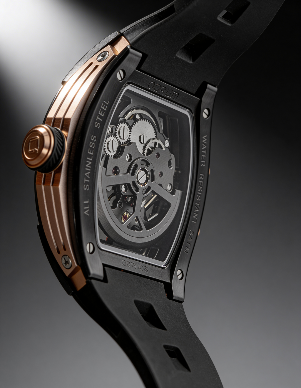 Qorum Equinox Men’s Automatic Skeleton Watch - Black Dial with Rose Go ...