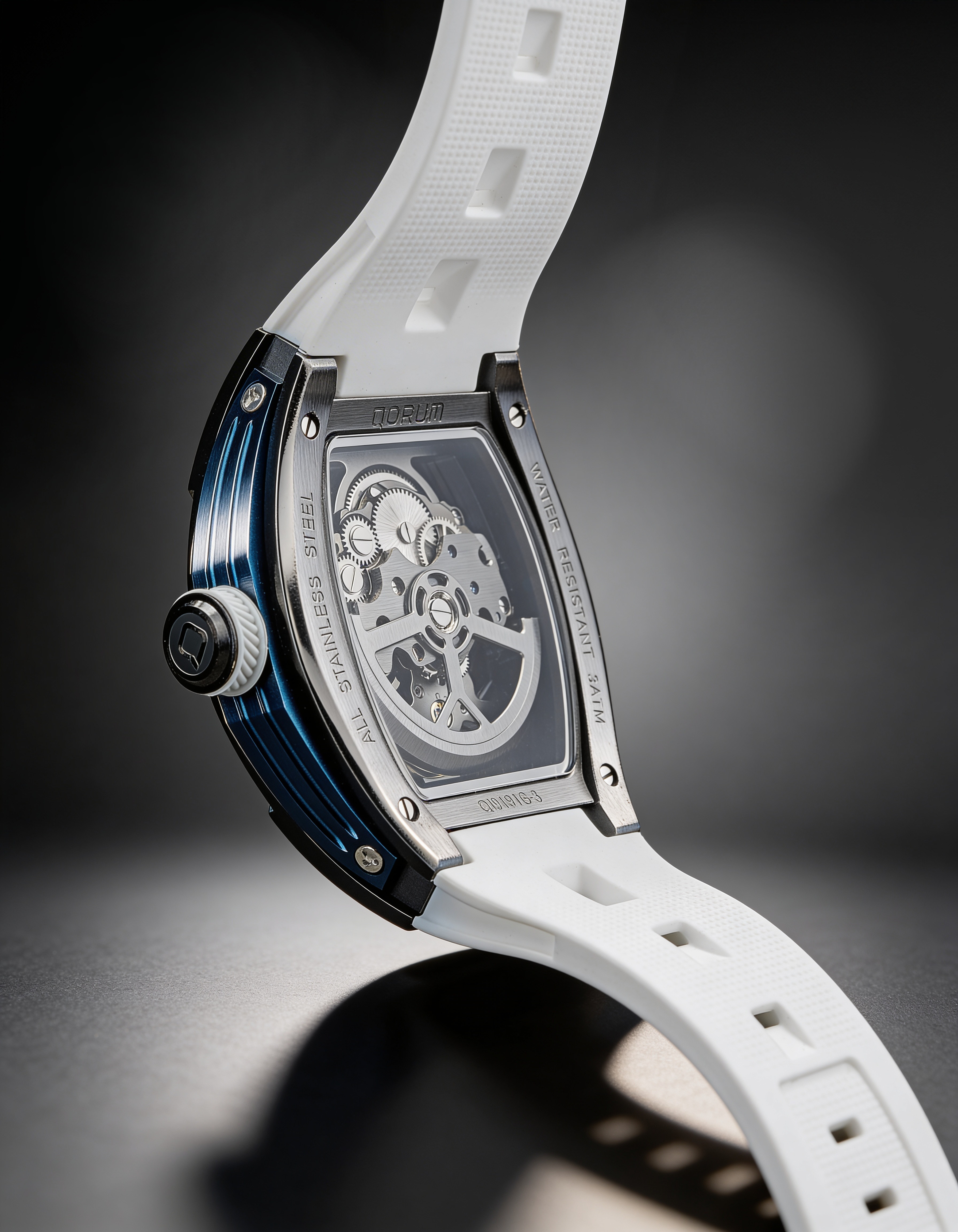 Qorum Equinox Men’s Automatic Skeleton Watch - Black Dial with Blue Detailing, White silicon strap