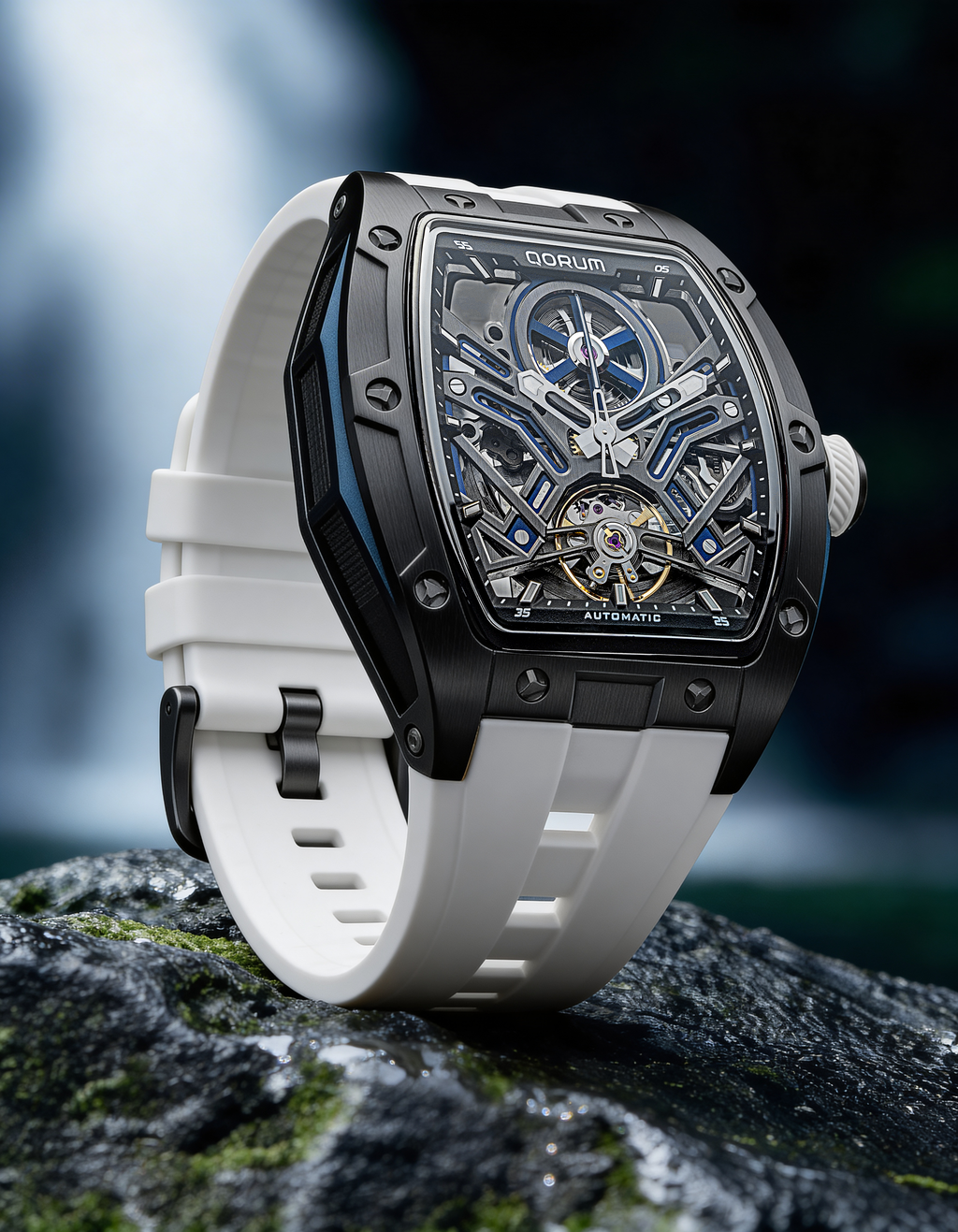 Qorum Equinox Men’s Automatic Skeleton Watch - Black Dial with Blue Detailing, White silicon strap
