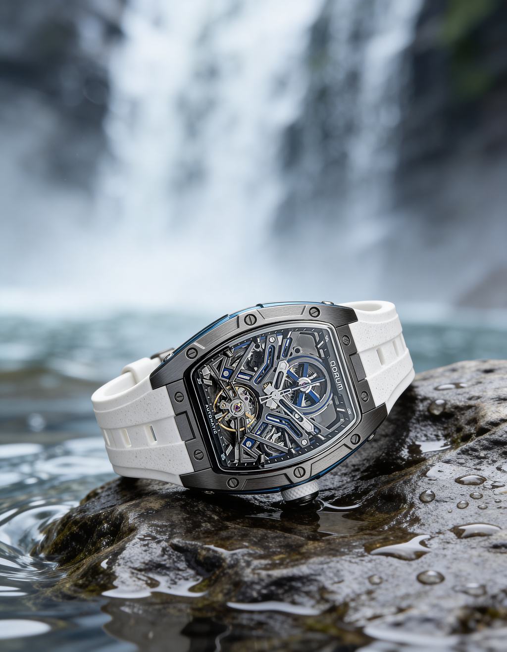Qorum Equinox Men’s Automatic Skeleton Watch - Black Dial with Blue Detailing, White silicon strap