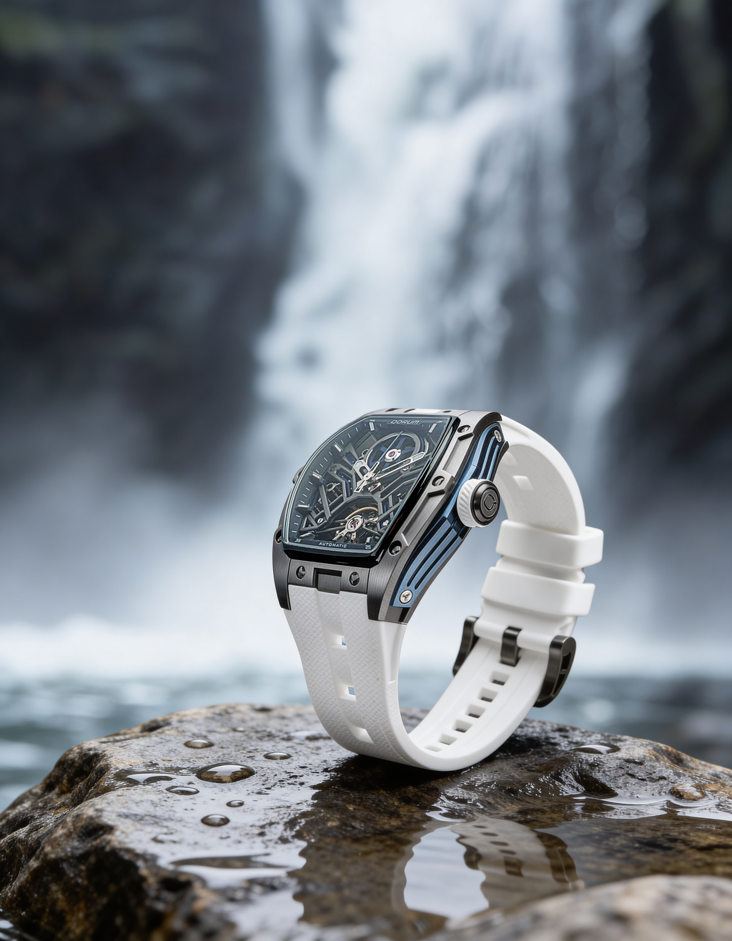 Qorum Equinox Men’s Automatic Skeleton Watch - Black Dial with Blue Detailing, White silicon strap