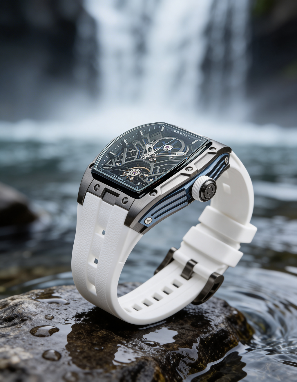 Qorum Equinox Men’s Automatic Skeleton Watch - Black Dial with Blue Detailing, White silicon strap