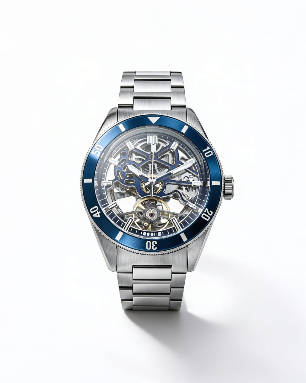 Qorum Equinox Men’s Automatic Skeleton Watch – Steel Finish Dial, Blue Bezel, Stainless Steel Strap