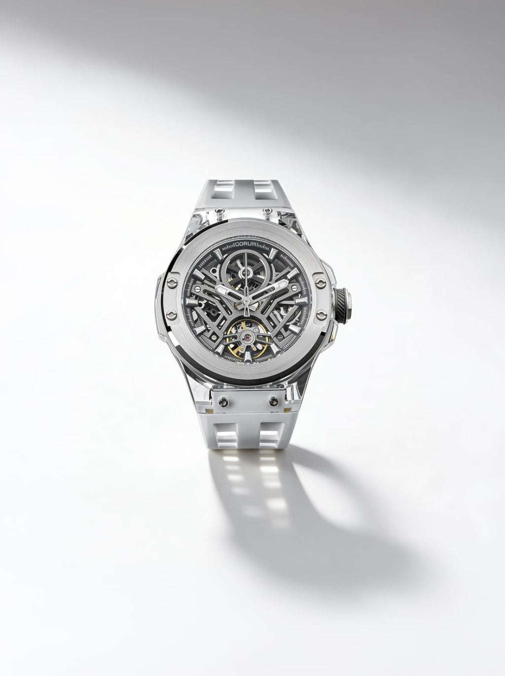 Qorum Equinox Men’s Automatic Skeleton Watch – Steel Finish Dial, Blue Detailing, White Silicon Strap (Copy)