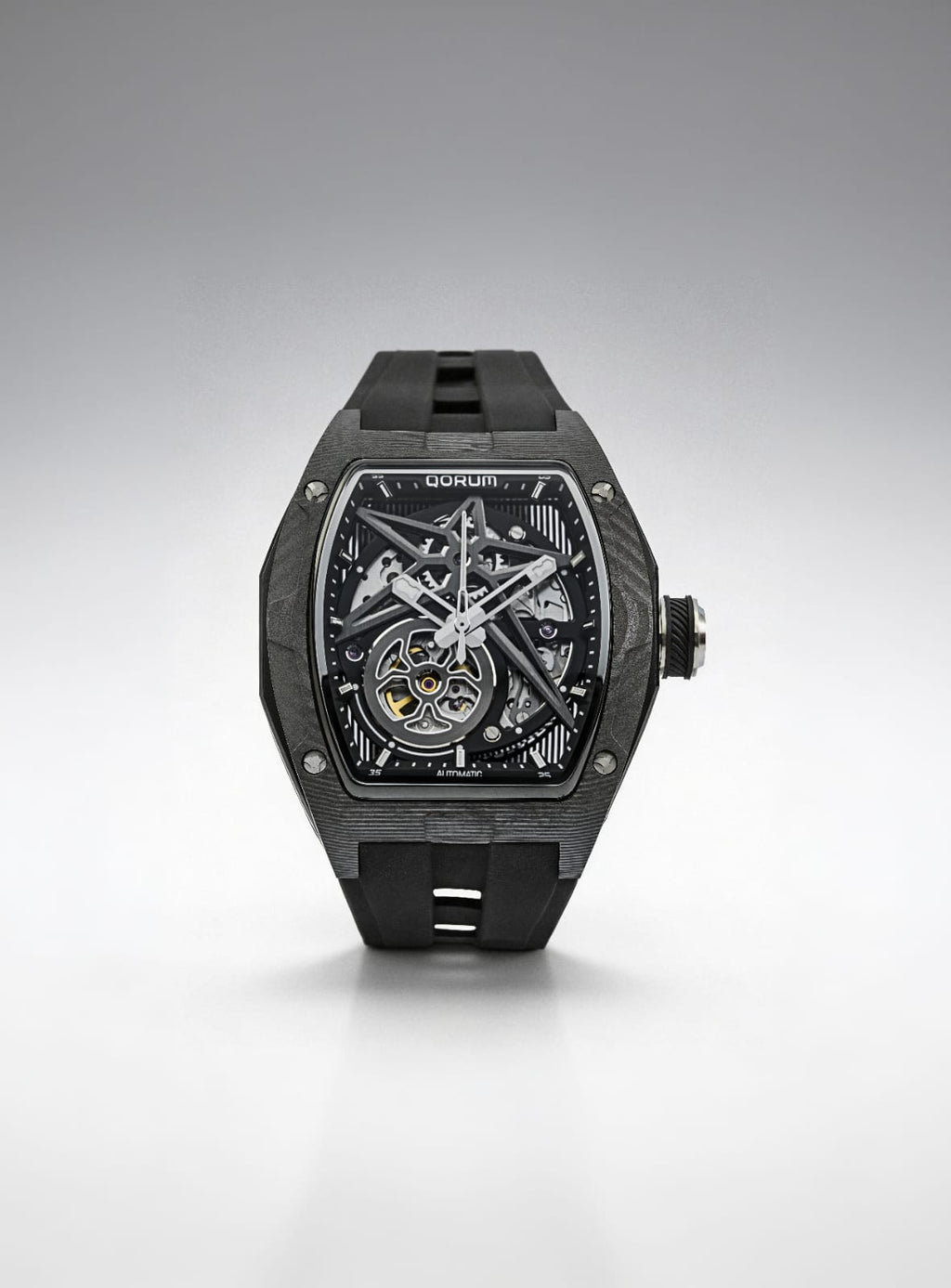 Qorum Equinox Men’s Automatic Skeleton Watch - Black Dial, Chrome Detailing, Black Silicon strap