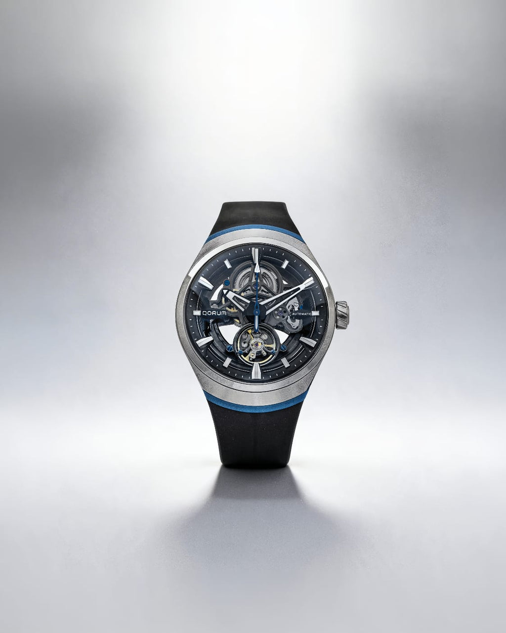 Qorum Equinox Men’s Automatic Skeleton Watch - Black Dial, Steel and Blue Detailing, Black Fluoro Rubber strap