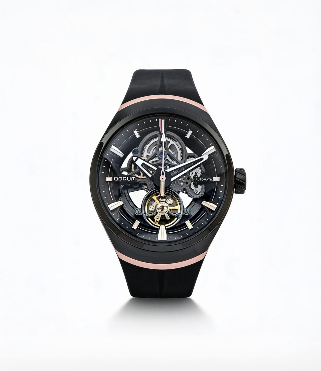 Qorum Equinox Men’s Automatic Skeleton Watch - Black Dial, Steel and Rose Gold Detailing, Black Fluoro Rubber strap