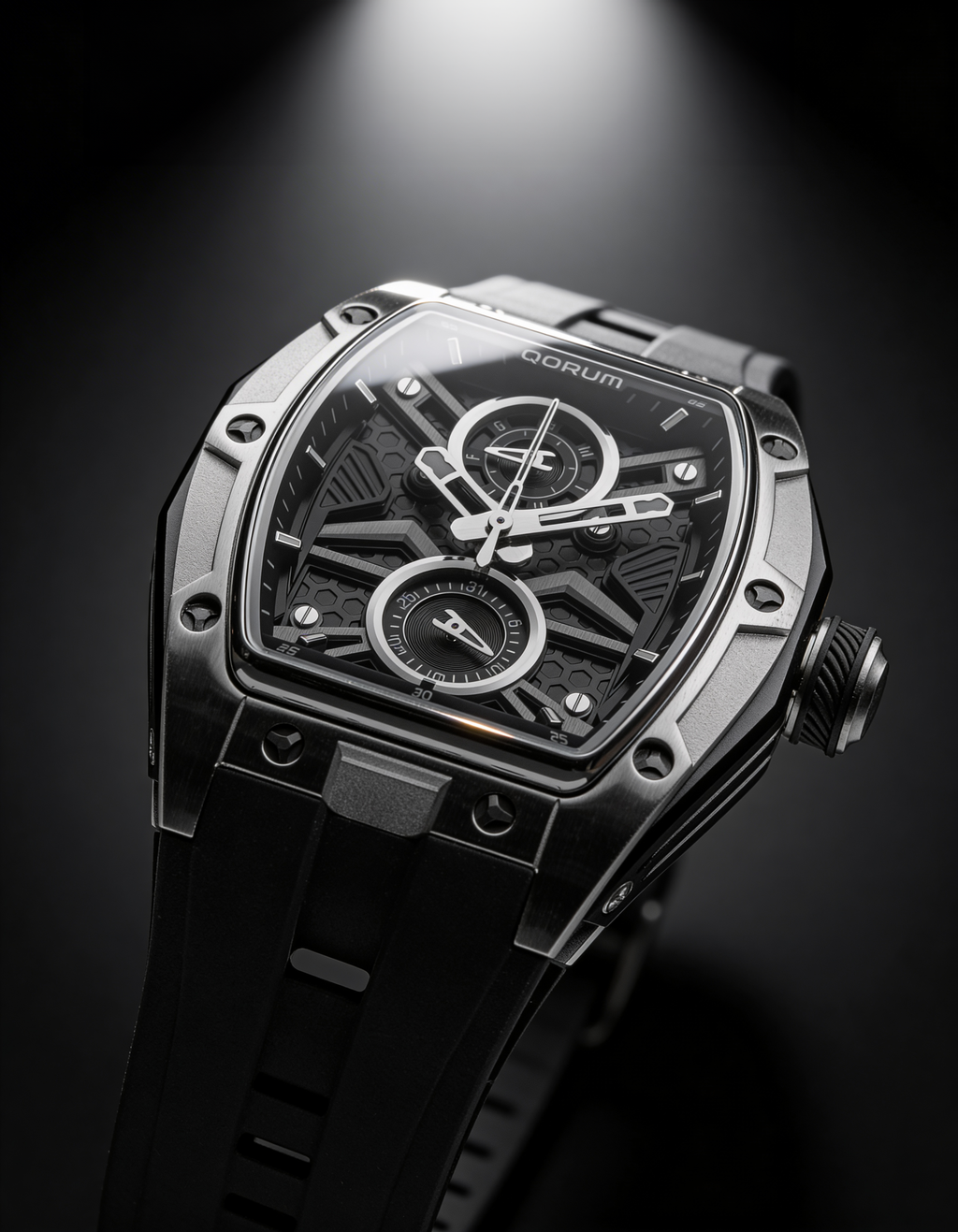 Qorum Equinox Men’s Multi-Function Skeleton Watch - Black Dial, Silver Detailing, Black Silicon strap