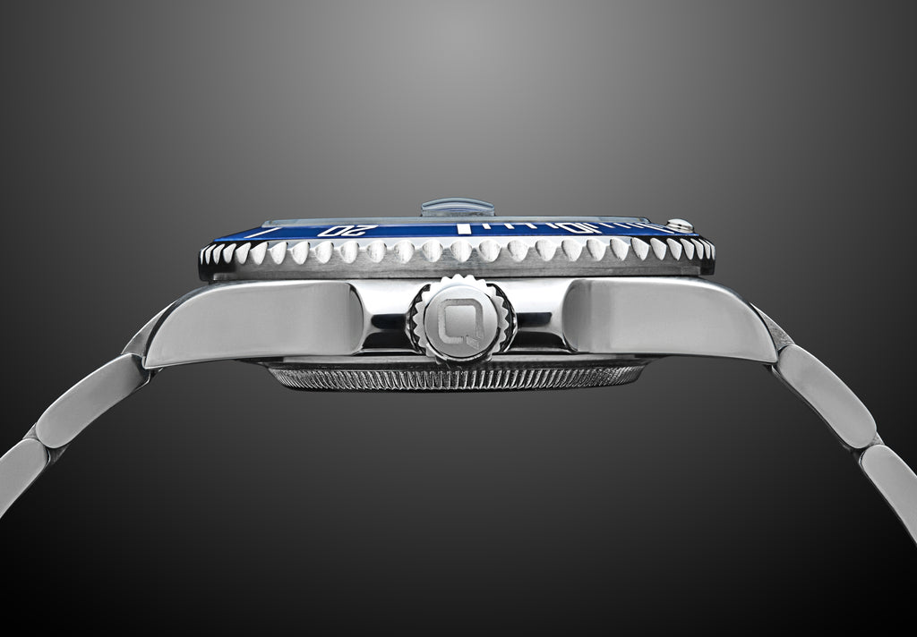 Qorum Regalia Men’s Automatic Watch - Black Dial, Blue Bezel, Date Display, Stainless Steel Strap