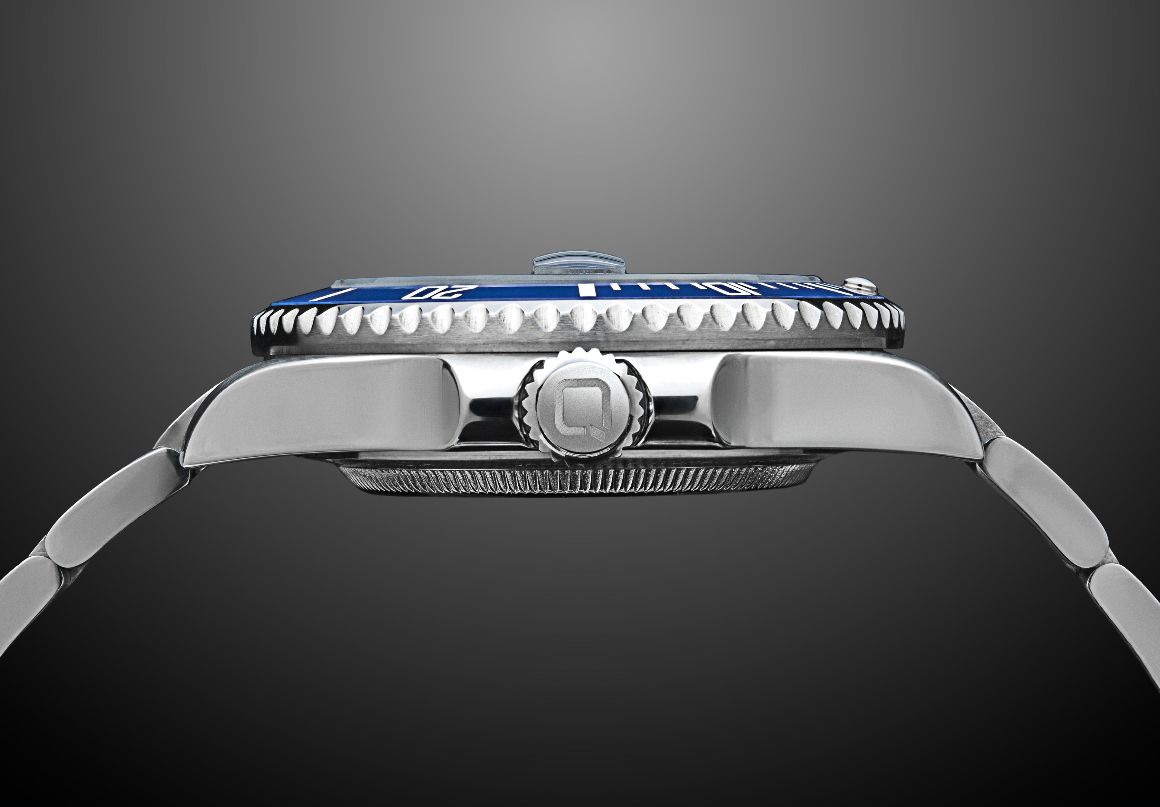 Qorum Regalia Men’s Automatic Watch - Black Dial, Blue Bezel, Date Display, Stainless Steel Strap