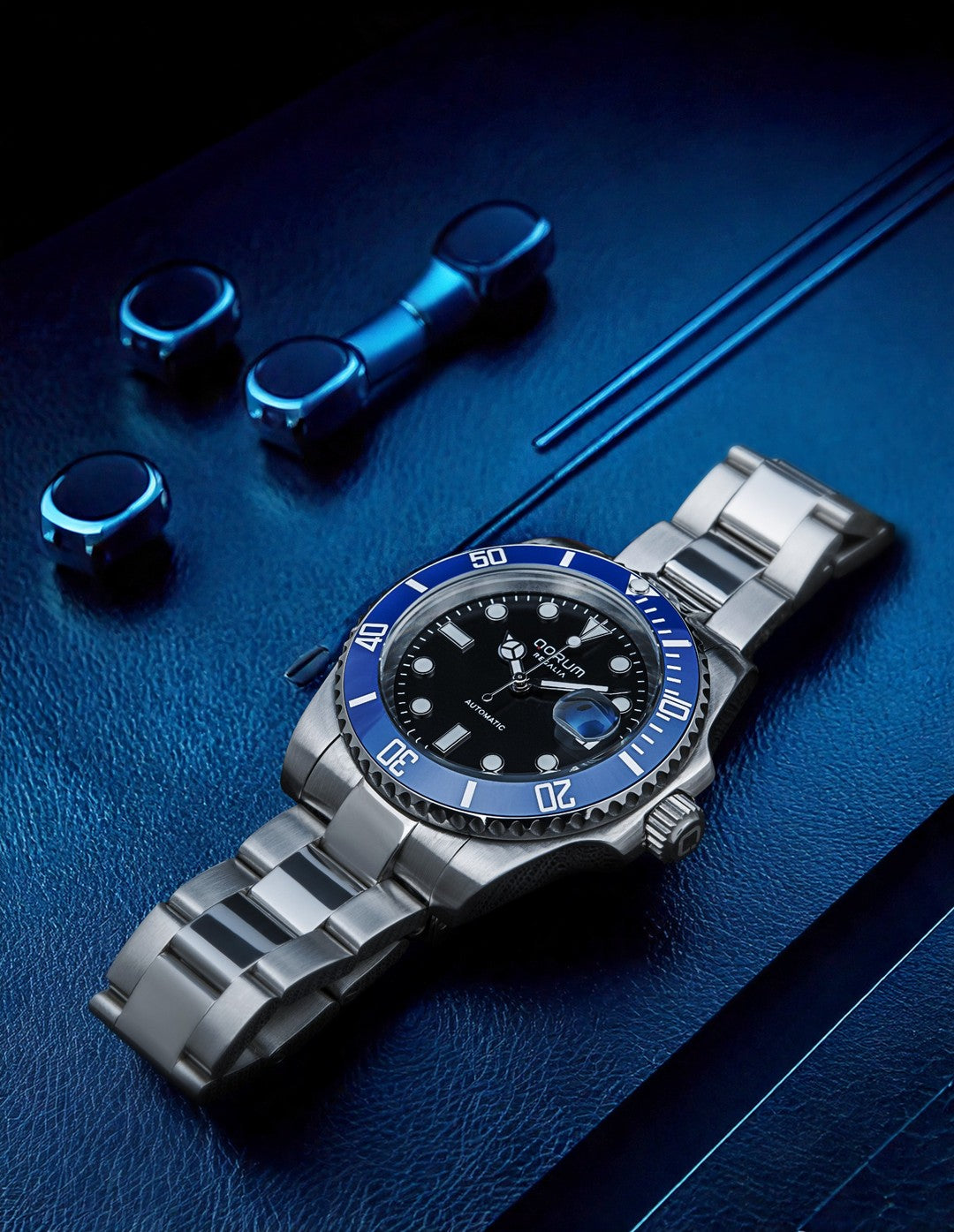 Qorum Regalia Men’s Automatic Watch - Black Dial, Blue Bezel, Date Display, Stainless Steel Strap