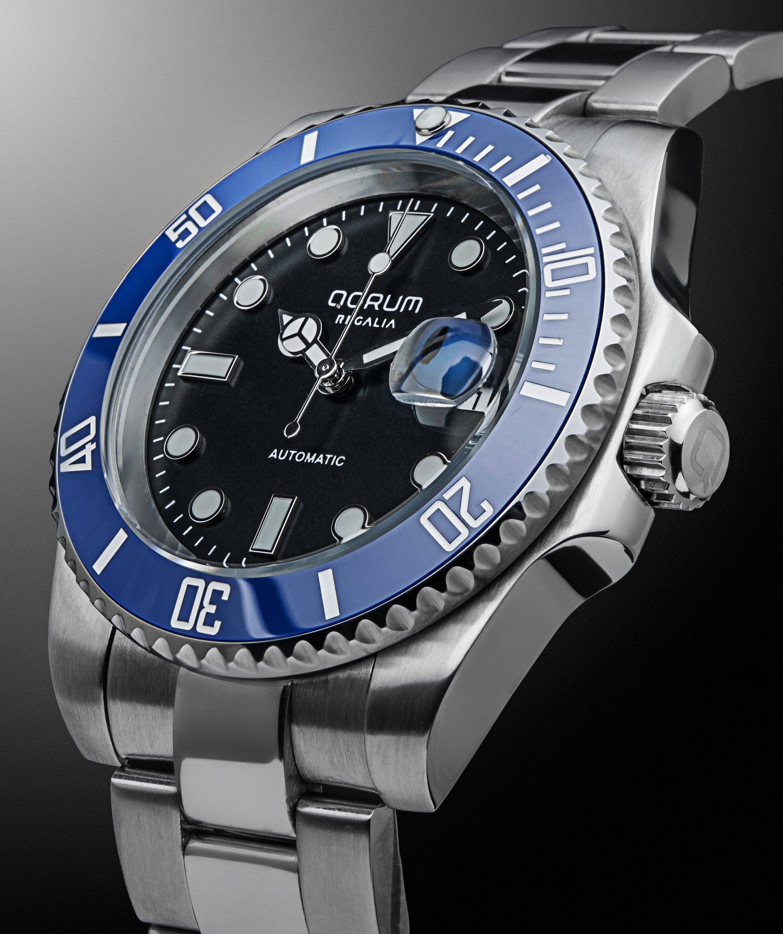 Qorum Regalia Men’s Automatic Watch - Black Dial, Blue Bezel, Date Display, Stainless Steel Strap