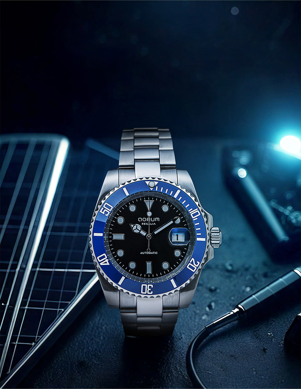 Qorum Regalia Men’s Automatic Watch - Black Dial, Blue Bezel, Date Display, Stainless Steel Strap