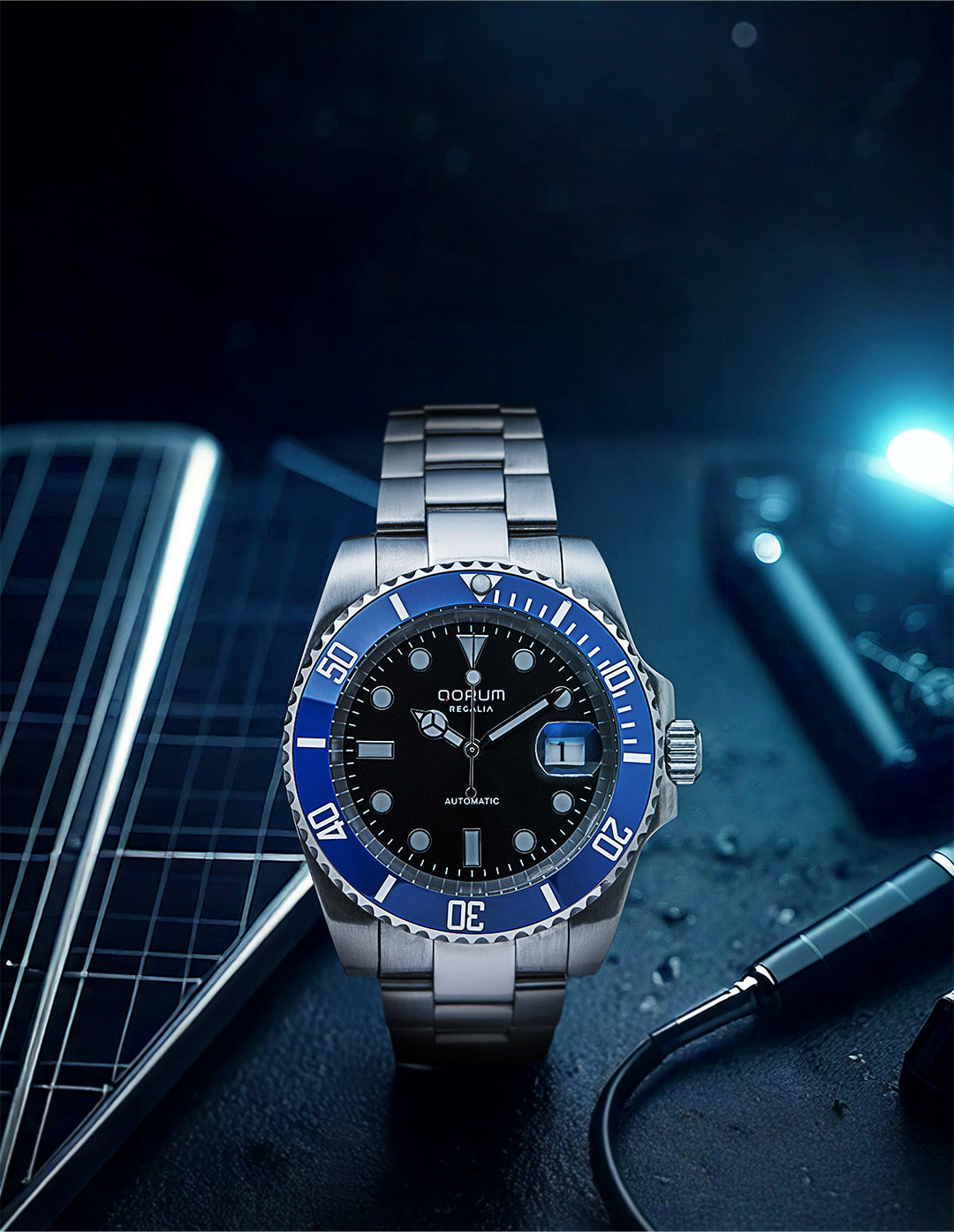 Qorum Regalia Men’s Automatic Watch - Black Dial, Blue Bezel, Date Display, Stainless Steel Strap