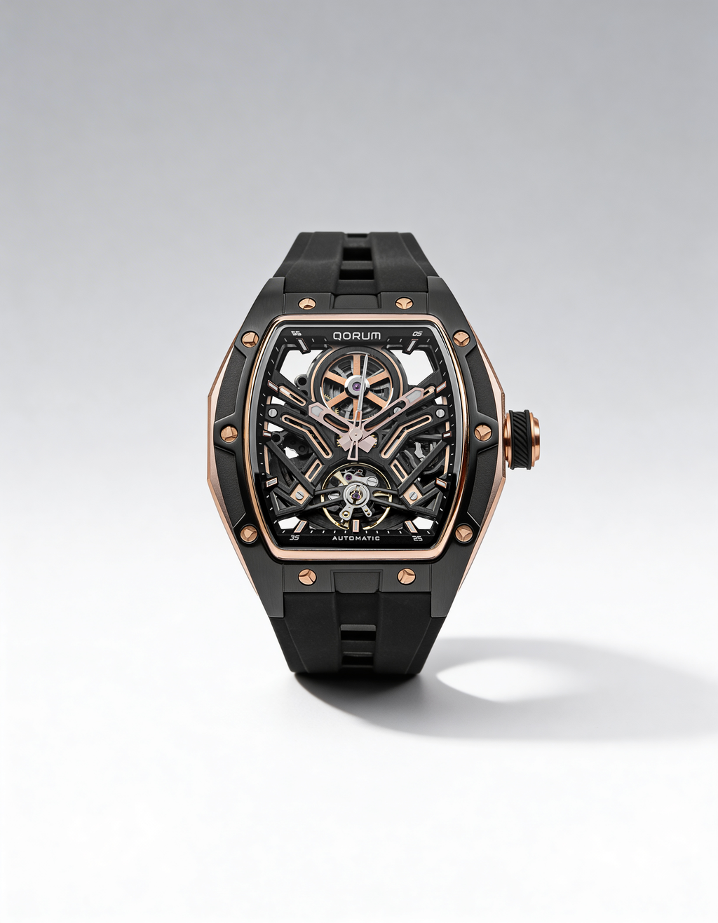 Qorum Equinox Men’s Automatic Skeleton Watch - Black Dial with Rose Gold Detailing, Black silicon strap