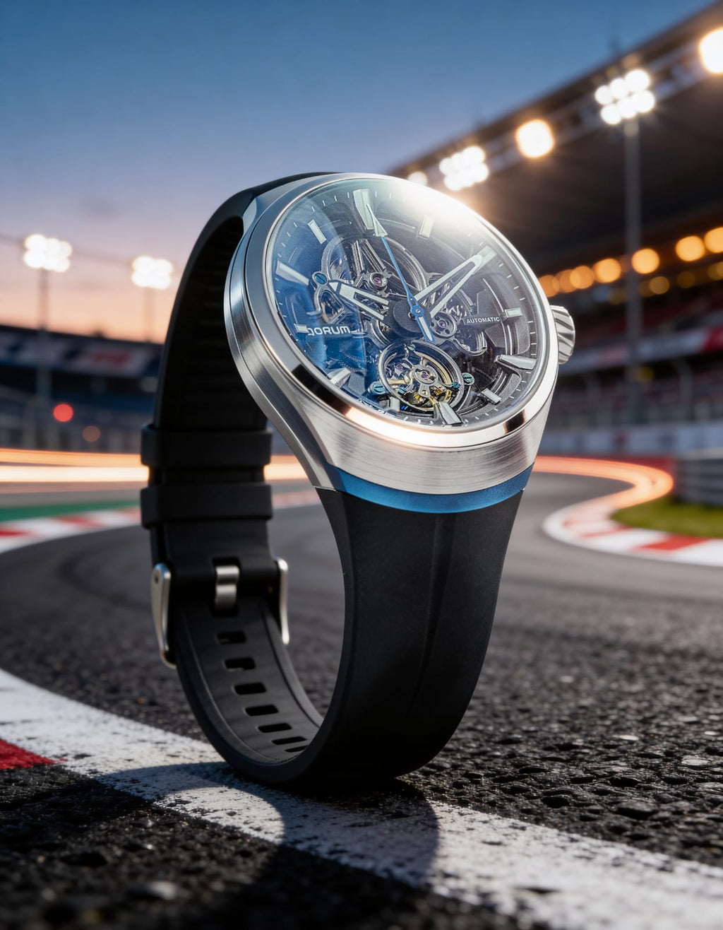 Qorum Equinox Men’s Automatic Skeleton Watch - Black Dial, Steel and Blue Detailing, Black Fluoro Rubber strap