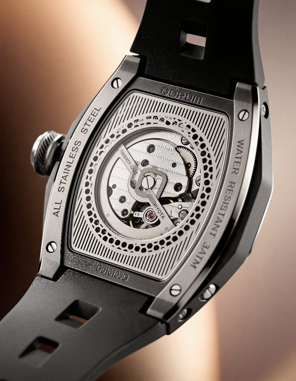 Qorum Equinox Men’s Automatic Skeleton Watch - Black Dial, Chrome Detailing, Black Silicon strap