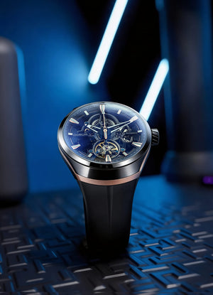 Qorum Equinox Men’s Automatic Skeleton Watch - Black Dial, Steel and Rose Gold Detailing, Black Fluoro Rubber strap